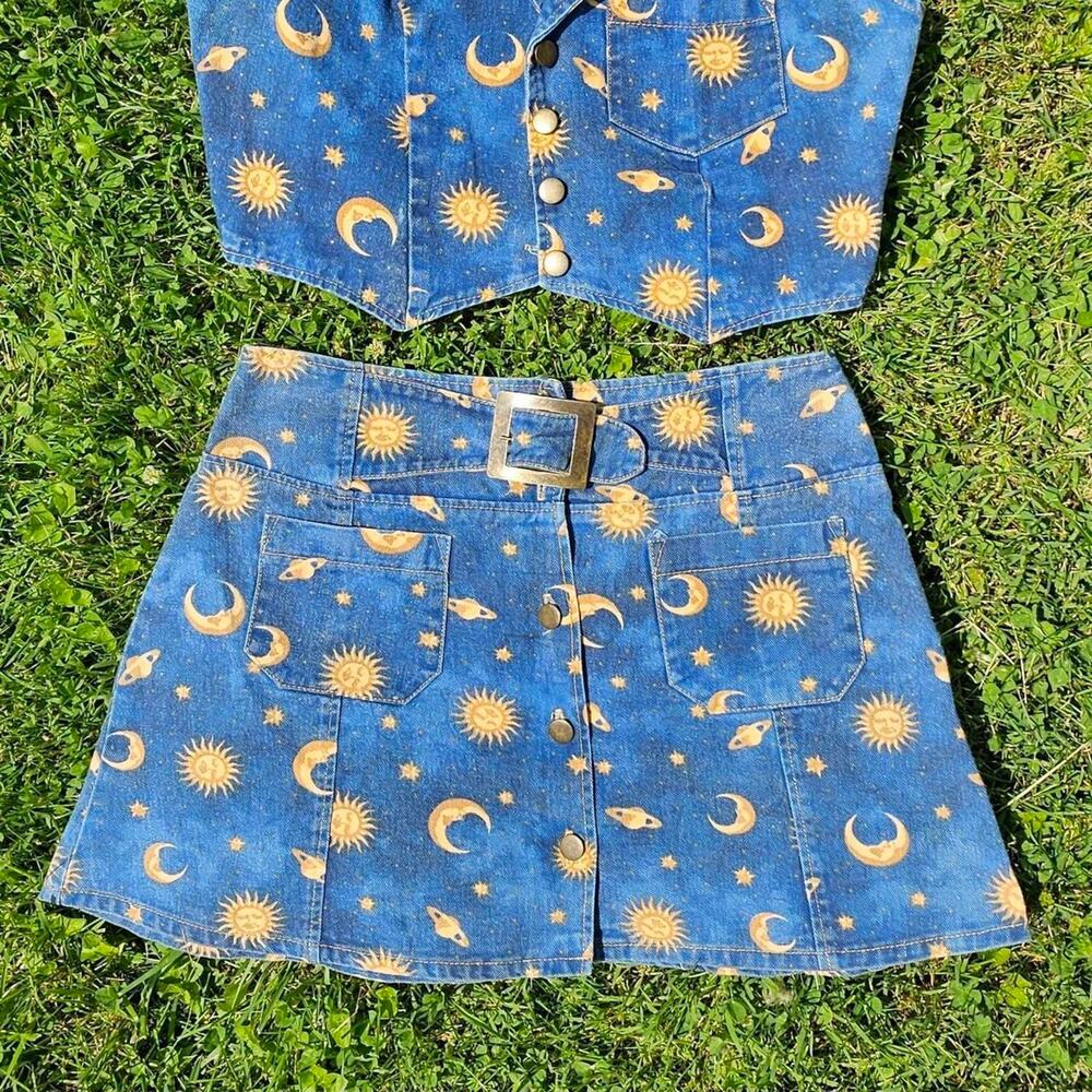 Vintage California Concepts Sun Moon Star Denim Skirt Vest Sz 11 Festival Y2K